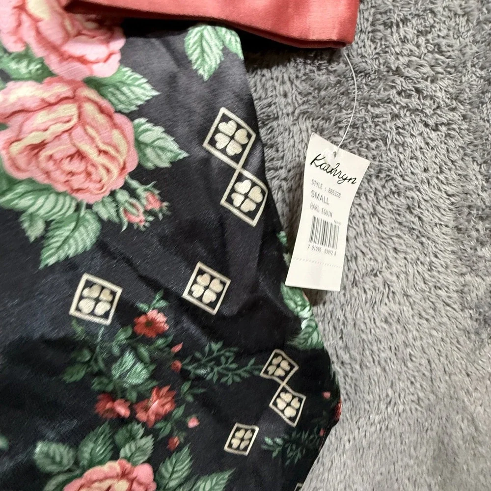 Kathryn Womens S Satin Robe NWT Black Pink Floral Print Long Sleeve Sleepwear - Picture 2 of 6